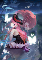 Rule 34 | 1girl, absurdres, adapted costume, bare shoulders, boots, breasts, bug, butterfly, choker, dress, eyelashes, flower, frilled dress, frills, ghost, grey eyes, hat, hat flower, high heel boots, high heels, highres, bug, knee boots, kneeling, long hair, looking at viewer, looking back, one piece, perona, perona-sama!, pink hair, rain, red rose, rose, short dress, solo, strapless, strapless dress, thigh boots, thighhighs, top hat, transparent umbrella, umbrella, wet
