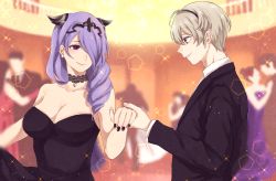 Rule 34 | 1boy, 1girl, alternate hairstyle, aomeeso, bad id, bad twitter id, bare arms, black dress, blonde hair, breasts, brother and sister, camilla (fire emblem), choker, cleavage, couple, dancing, dress, earrings, eye contact, fire emblem, fire emblem fates, formal, hair over one eye, hairband, holding hands, hetero, jewelry, large breasts, leo (fire emblem), lips, long hair, long sleeves, looking at another, nail polish, nintendo, purple eyes, purple hair, red eyes, short hair, siblings, smile, strapless, strapless dress, suit, upper body