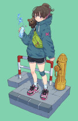 Rule 34 | 1girl, animal, animal on shoulder, aqua background, aqua hoodie, black shorts, bottle, bottle cap, brown hair, closed mouth, commentary request, dolphin shorts, drawstring, fanny pack, faux figurine, fire hydrant, green bag, hand up, highres, holding, holding bottle, hood, hood down, hoodie, long sleeves, multicolored hair, original, pavement, pink footwear, pink hair, purple hair, railing, shoes, short shorts, shorts, simple background, sneakers, socks, solo, standing, tanuki, tanuki koubou, water bottle, white socks