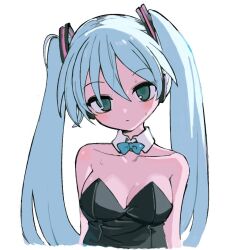 Rule 34 | 1girl, aqua hair, bare shoulders, black leotard, blush, bow, bowtie, breasts, cleavage, collarbone, detached collar, expressionless, green eyes, hair between eyes, hatsune miku, kokaki mumose, leotard, long hair, looking at viewer, medium breasts, simple background, solo, sweat, twintails, upper body, vocaloid, white background