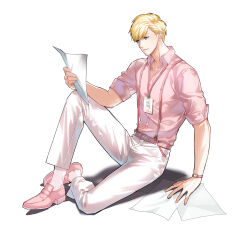 Rule 34 | 1boy, alternate hair color, arm support, belt, blonde hair, blue eyes, business suit, chulsoo kim (closers), closed mouth, closers, collared shirt, dress shirt, dress shoes, formal, full body, hand up, highres, holding, holding paper, id card, knee up, lanyard, looking down, male focus, official art, on ground, pant suit, pants, paper, pink belt, pink footwear, pink shirt, reading, salaryman, shadow, shirt, shirt tucked in, short hair, sitting, sleeves pushed up, socks, solo, suit, suspenders, watch, white background, white pants, white socks, wristwatch