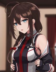 Rule 34 | 1girl, ahoge, black gloves, black jacket, blue eyes, blurry, blurry background, braid, breasts, brown hair, chest harness, cropped jacket, curtains, fingerless gloves, gloves, hair between eyes, hair flaps, harness, highres, indoors, jacket, kantai collection, long hair, medium breasts, necktie, open clothes, open jacket, open mouth, red necktie, sha (isago), shigure (kancolle), shigure kai san (kancolle), short sleeves, single braid, solo, upper body