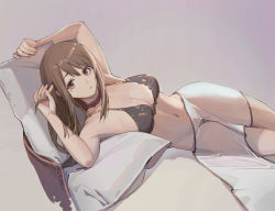 Rule 34 | 1girl, absurdres, arm behind head, arms up, bad id, bad pixiv id, black bra, bra, breasts, brown eyes, brown hair, cleavage, collar, commission, cowboy shot, grey background, hand in own hair, highres, kuweichuanxin jr, long hair, looking at viewer, medium breasts, mole, mole under eye, navel, original, parody, parted lips, pillow, reclining, red collar, solo, titanic (movie), underwear