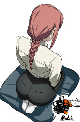 Rule 34 | 1girl, absurdres, ass, black pants, braid, braided ponytail, chainsaw man, commentary, cushion, denji (chainsaw man), dress shirt, english commentary, from above, from behind, full body, highres, makima (chainsaw man), medium hair, mugi (mugit49), pants, red hair, seiza, shirt, shirt tucked in, signature, simple background, sitting, socks, solo, white background, white shirt, white socks