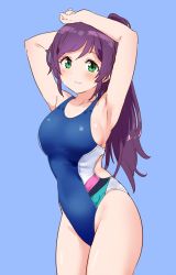 Rule 34 | 1girl, alternate hairstyle, armpits, arms up, blue background, blue one-piece swimsuit, breasts, collarbone, competition swimsuit, cowboy shot, green eyes, kurokawa makoto, large breasts, long hair, love live!, love live! school idol project, one-piece swimsuit, ponytail, purple hair, simple background, solo, standing, swimsuit, tojo nozomi
