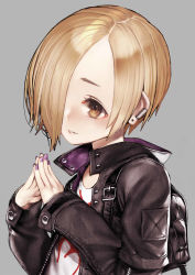 Rule 34 | 1girl, backpack, bag, black jacket, blush, brown eyes, commentary request, ear piercing, earrings, fingernails, grey background, hair over one eye, head tilt, highres, idolmaster, idolmaster cinderella girls, jacket, jewelry, light brown hair, long sleeves, nail polish, nyatabe, open clothes, open jacket, parted lips, piercing, purple nails, shirasaka koume, shirt, simple background, sleeves past wrists, solo, steepled fingers, upper body, white shirt