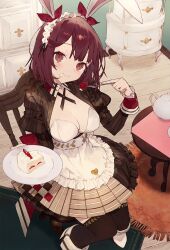 Rule 34 | 1girl, animal ears, atelier (series), atelier sophie, breasts, brown eyes, brown thighhighs, cake, cleavage, closed mouth, dress, food, food on face, fork, holding, holding fork, holding plate, icing, indoors, looking at viewer, medium breasts, medium hair, official art, plate, rabbit ears, rabbit girl, red hair, second-party source, sitting, smile, solo, sophie neuenmuller, strawberry shortcake, table, thighhighs, toridamono