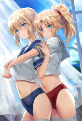 Rule 34 | 2girls, ahoge, artoria pendragon (all), artoria pendragon (fate), bare shoulders, blonde hair, blue buruma, blue ribbon, blue sky, blush, braid, breasts, buruma, choker, closed mouth, commentary request, crop top, expressionless, fate/apocrypha, fate/grand order, fate/stay night, fate (series), french braid, green eyes, hair bun, hair ribbon, highres, long hair, looking at viewer, midriff, mordred (fate), mordred (fate/apocrypha), mother and daughter, multiple girls, navel, no pants, parted bangs, ponytail, red buruma, revision, ribbon, saber (fate), sailor collar, school uniform, serafuku, sidelocks, sky, small breasts, stomach, tonee