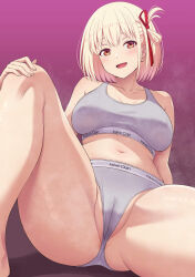 1girl blonde_hair breasts calvin_klein cameltoe commentary_request grey_panties grey_sports_bra highres knee_up large_breasts looking_at_viewer lycoris_recoil mibushiro navel nishikigi_chisato open_mouth panties reclining red_eyes red_ribbon ribbon short_hair simple_background sitting smile sports_bra spread_legs underwear underwear_only