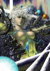 Rule 34 | 1girl, aurora, breasts, broken, crack, giant, giantess, kaburagi yasutaka, lips, messy hair, navel, nipples, open mouth, original, outstretched arms, planet, realistic, science fiction, short hair, space, spread arms, star (sky), suicide, surreal, white hair, yellow eyes