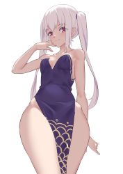 Rule 34 | 1girl, absurdres, bare shoulders, blue dress, breasts, brown eyes, collarbone, dress, melusine (fate), fate/grand order, fate (series), forked eyebrows, highres, jilu, long hair, looking at viewer, pelvic curtain, sidelocks, small breasts, smile, solo, thighs, white hair