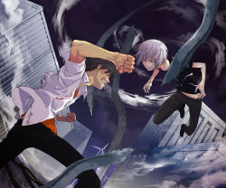 Rule 34 | 2boys, accelerator (toaru majutsu no index), action, attack, battle, black eyes, black footwear, black hair, black pants, black shirt, blood, blood on clothes, clenched hands, clenched teeth, cloud, collared shirt, container, dirty, dirty clothes, dress shirt, dust, dutch angle, epic, artistic error, eye contact, fighting, floating, highres, jumping, kamijou touma, levitation, looking at another, multiple boys, mutsuco, night, night sky, orange shirt, outdoors, outstretched hand, pants, print shirt, psychic, school uniform, shirt, shoes, short sleeves, silver hair, sky, smile, smoke, standing, star (sky), steel beam, t-shirt, teeth, telekinesis, toaru majutsu no index, vectors, wind turbine, windmill