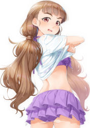 Rule 34 | 1girl, ass, bikini, bikini skirt, bikini under clothes, brown hair, commentary request, from behind, idolmaster, idolmaster cinderella girls, kamiya nao, long hair, looking at viewer, looking back, low twintails, miri (ago550421), open mouth, purple bikini, red eyes, see-through, shirt, simple background, solo, swimsuit, thick eyebrows, twintails, undressing, very long hair, wet, wet clothes, wet shirt, white background, white shirt
