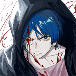 Rule 34 | 1girl, absurdres, blood, blood on clothes, blood on face, blue eyes, blue hair, collarbone, commentary request, eyewear visible through hair, highres, hood, hood up, icelandcrow, kuina, one eye closed, one piece, short hair, solo, teeth