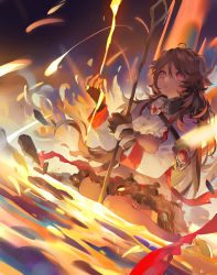 Rule 34 | 1girl, animal ears, arknights, brown hair, commentary, english commentary, english text, eyjafjalla (arknights), highres, holding, holding staff, horns, lava, narakuuu, red eyes, respirator, sheep ears, sheep horns, short hair, sitting, solo, staff