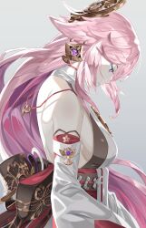 Rule 34 | 1girl, absurdres, backless outfit, bare back, bare shoulders, breasts, commentary, detached sleeves, from side, genshin impact, grey background, highres, large breasts, long hair, long sleeves, pink hair, profile, purple eyes, reki (user rcrd4534), shirt, simple background, sleeveless, sleeveless shirt, solo, upper body, very long hair, white shirt, yae miko
