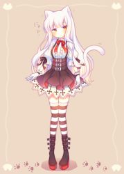 Rule 34 | 1girl, animal ears, azur lane, black footwear, blunt bangs, blush, boots, breasts, brown background, brown skirt, cat ears, cat girl, cat tail, center frills, commentary, erebus (azur lane), frills, full body, gloves, head tilt, kemonomimi mode, long hair, medium breasts, parted lips, pigeon-toed, platform boots, platform footwear, pleated skirt, puffy short sleeves, puffy sleeves, red eyes, sakurato ototo shizuku, shirt, short sleeves, skirt, solo, standing, striped clothes, striped thighhighs, suspender skirt, suspenders, tail, tail raised, thighhighs, translated, very long hair, white gloves, white hair, white shirt