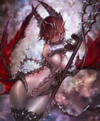 Rule 34 | 1girl, armor, bare shoulders, bird, bodysuit, boots, breasts, cygames, dragon wings, gauntlets, greaves, hip focus, holding, imp lancer (shadowverse), lance, large breasts, looking at viewer, n.a., official art, pink hair, pointy ears, polearm, red eyes, shadowverse, short hair, sky, solo, spikes, spine, standing, tail, thighs, weapon, white bodysuit, wings