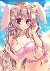 Rule 34 | 1girl, absurdres, animal ears, areola slip, bare arms, bare legs, bare shoulders, beach, bikini, blush, bow, breasts, cleavage, cloud, collarbone, commentary request, cowboy shot, curly hair, day, ears down, flower, frilled bikini, frills, hair bow, hair flower, hair ornament, highres, honoka chiffon, leaning forward, light brown hair, long hair, looking at viewer, low tied hair, medium breasts, navel, ocean, original, outdoors, parted lips, pink bikini, pink bow, purple eyes, rabbit ears, rabbit girl, rabbit tail, sand, shell hair ornament, solo, strap pull, sunlight, swimsuit, tail, very long hair, water, wavy hair