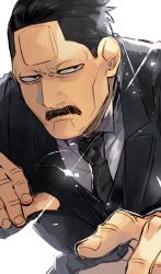 Rule 34 | 1boy, black eyes, black necktie, black suit, cheekbones, facial hair, forehead, formal, glint, golden kamuy, hair slicked back, hands up, highres, looking at viewer, male focus, mustache, necktie, oziozi kamuy, solo, suit, ushiyama tatsuma, white background