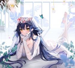 Rule 34 | 1girl, azuma (azur lane), azuma (lily-white longing) (azur lane), azur lane, black hair, breasts, bridal veil, bug, butterfly, cleavage, collarbone, detached collar, dress, feet, gloves, head wreath, hyoin, insect, large breasts, legs, legs up, light bulb, long hair, looking at viewer, lying, no shoes, official alternate costume, on stomach, pantyhose, smile, soles, solo, toes, veil, very long hair, wedding dress, white dress, white gloves, white pantyhose, yellow eyes