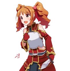 Rule 34 | 1girl, armor, breastplate, brown hair, cosplay, dagger, fingerless gloves, gloves, green eyes, idolmaster, idolmaster (classic), knife, shift (waage), silica, silica (cosplay), simple background, solo, sword art online, takatsuki yayoi, twintails, weapon