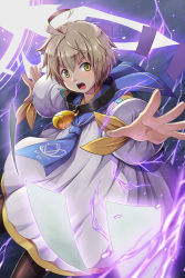 Rule 34 | 1boy, bell, blonde hair, card, child, clothes, collar, daikung, green eyes, highres, laphicet (tales), magic, male focus, open mouth, pants, solo, tales of (series), tales of berseria, teeth, thunder