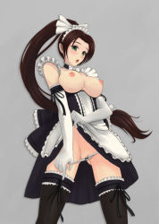 Rule 34 | 00s, 1girl, alternate costume, apron, bare shoulders, black thighhighs, bow, breasts, breasts out, brown hair, clothes lift, dress, dress lift, dungeon and fighter, elbow gloves, enmaided, fighter (dungeon and fighter), frilled thighhighs, frills, gloves, green eyes, groin, hair bow, hair ribbon, korean text, large breasts, long hair, looking at viewer, maid, maid apron, maid headdress, neck ribbon, nipples, off shoulder, panties, panty pull, parted bangs, ponytail, pussy, ribbon, ryunmei, seiryuu zaiten, sketch, solo, thighhighs, tress ribbon, uncensored, underwear, very long hair, zettai ryouiki