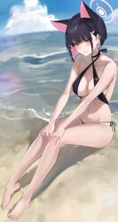 Rule 34 | 1girl, alracoco, animal ears, barefoot, beach, bikini, black bikini, black choker, black hair, blue archive, blue sky, blunt bangs, breasts, cat ears, choker, closed mouth, cloud, criss-cross halter, day, full body, hair ornament, hairclip, halo, halterneck, highres, kazusa (blue archive), medium breasts, multicolored hair, navel, outdoors, pink eyes, pink hair, sand, sitting, sky, solo, stomach, swimsuit, thighs, two-tone hair, water