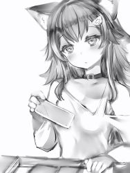 Rule 34 | 1girl, animal ears, bad id, bad twitter id, belt collar, closed mouth, collar, ears down, fingernails, greyscale, hair ornament, hairclip, head tilt, highres, holding, hololive, long hair, monochrome, nanashi (nlo), off shoulder, ookami mio, ookami mio (casual), shirt, simple background, solo, upper body, virtual youtuber, white background, wolf ears