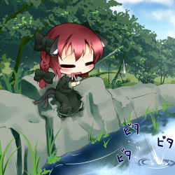 Rule 34 | 1girl, = =, animal ears, blush, bow, braid, cat ears, cat girl, cat tail, chibi, drooling, female focus, fishing, fishing rod, hair bow, holding, holding fishing rod, kaenbyou rin, koha, long hair, multiple tails, nature, pond, red hair, sitting, solo, tail, touhou, tree, twin braids, twintails, water