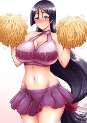 Rule 34 | 1girl, alternate costume, bare arms, bare shoulders, black hair, blush, breasts, character name, cheerleader, cleavage, cleavage cutout, clothes writing, clothing cutout, collarbone, crop top, fate/grand order, fate (series), flying sweatdrops, gradient background, hands up, highres, kanno takanori, large breasts, long hair, looking at viewer, low-tied long hair, midriff, minamoto no raikou (fate), navel, pleated skirt, pom pom (cheerleading), purple eyes, purple skirt, simple background, skirt, smile, solo, stomach, sweatdrop, thighs, very long hair, white background