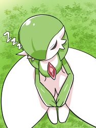 Rule 34 | 1girl, absurdres, blush, bob cut, closed eyes, colored skin, creatures (company), day, ddingyong, female focus, flat chest, from above, full body, game freak, gardevoir, gen 3 pokemon, grass, green background, green hair, green skin, green theme, hair over one eye, highres, kneeling, light blush, multicolored skin, nintendo, on ground, one eye covered, outdoors, own hands together, pokemon, pokemon (creature), seiza, short hair, sitting, sleeping, solo, two-tone skin, u u, white skin, zzz