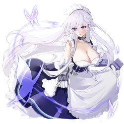 Rule 34 | 1girl, apron, armor, azur lane, belfast (azur lane), blue eyes, breasts, bug, butterfly, collar, frilled apron, frills, gloves, highres, insect, large breasts, long hair, maid, maid apron, maid headdress, marumai, solo, white background, white hair