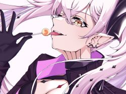 Rule 34 | 1girl, black cape, black choker, body markings, breasts, candy, cape, choker, cleavage, demon girl, demon horns, earrings, fate/grand order, fate (series), food, hair ornament, holding, holding candy, holding food, holding lollipop, horns, jewelry, large breasts, licking, lollipop, long hair, long sleeves, looking at viewer, nikumaki43, open mouth, ordeal call servant (female), pointy ears, simple background, slit pupils, smile, solo, tongue, tongue out, twintails, upper body, white background, white hair, yellow eyes