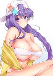Rule 34 | 1girl, asymmetrical hair, bandeau, bare shoulders, baseball cap, bb (fate), bb (fate) (all), bb (swimsuit mooncancer) (fate), bb (swimsuit mooncancer) (first ascension) (fate), bikini, bikini top only, blue background, blush, braid, breasts, cleavage, closed mouth, collarbone, cropped jacket, fate/extra, fate/extra ccc, fate/grand order, fate (series), gradient background, hair between eyes, hat, hat ornament, highres, jacket, large breasts, long hair, long sleeves, looking at viewer, navel, off shoulder, purple eyes, purple hair, sankakusui, sideways hat, single braid, sitting, skirt, smile, solo, star (symbol), star hat ornament, stomach, swimsuit, thighs, very long hair, white background, white bikini, white hat, yellow jacket, yellow skirt