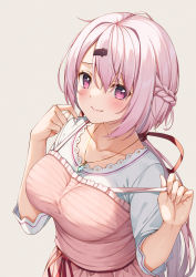 Rule 34 | 1girl, apron, blush, braid, breasts, closed mouth, collarbone, commentary request, frilled apron, frills, grey background, hair between eyes, hair ornament, hair ribbon, hairclip, hands up, highres, jewelry, long sleeves, looking at viewer, low ponytail, medium breasts, nijisanji, pendant, pink apron, pink hair, ponytail, purple eyes, red ribbon, ribbon, shiina yuika, shirt, simple background, smile, solo, virtual youtuber, white shirt, yuuri nayuta