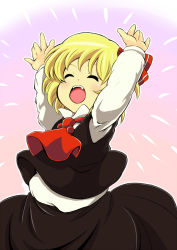 Rule 34 | 1girl, arms up, bad id, bad pixiv id, blonde hair, closed eyes, embodiment of scarlet devil, fang, female focus, gradient background, hair ribbon, happy, o/, outstretched arms, ribbon, rumia, short hair, solo, standing, touhou, tsuttsu