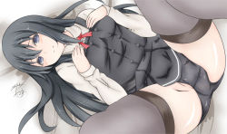 Rule 34 | 1girl, asashio (kancolle), belt, black hair, black panties, black thighhighs, blue eyes, breasts, buttons, collared shirt, dakkusu, dress, embarrassed, hands on own chest, kantai collection, long hair, long sleeves, looking at viewer, lying, neck ribbon, on back, on bed, panties, pillow, pinafore dress, red ribbon, ribbon, school uniform, shirt, sleeveless, sleeveless dress, small breasts, spread legs, thighhighs, underwear, white shirt