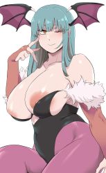 Rule 34 | 1girl, :&gt;, absurdres, bare shoulders, bat wings, breasts, capcom, closed mouth, clothing cutout, demon girl, fingerless gloves, gloves, green hair, hair between eyes, hand on own face, head wings, heart cutout, highres, large breasts, leotard, long hair, looking at viewer, minakami (flyingman555), morrigan aensland, nipple slip, nipples, pantyhose, red gloves, simple background, smile, solo, vampire (game), white background, wings, yellow eyes