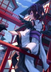 Rule 34 | 1girl, alternate costume, bird, black hair, black thighhighs, black wings, blue sky, building, cloud, commentary, crow, day, detached sleeves, dutch angle, feathered wings, feet out of frame, food, from behind, hair ribbon, hat, highres, himekaidou hatate, holding, holding food, kourindou tengu costume, long hair, long sleeves, looking at animal, obi, outdoors, pointy ears, profile, purple eyes, purple ribbon, purple sash, railing, ribbon, ribbon-trimmed sleeves, ribbon trim, roke (taikodon), sash, sitting, sky, smile, solo, thighhighs, tokin hat, touhou, twintails, wide sleeves, wings, zettai ryouiki