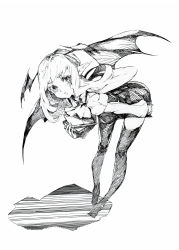 Rule 34 | 1girl, absurdres, bad id, bad pixiv id, bat wings, bent over, black thighhighs, book, female focus, graphite (medium), greyscale, head wings, highres, koakuma, konnanottenaiyo, long hair, looking at viewer, monochrome, oshake, pointy ears, simple background, solo, thighhighs, touhou, traditional media, white background, wings
