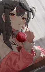 Rule 34 | 1girl, alternate costume, black hair, breasts, candy, cardigan, cleavage, curtains, desk, earrings, food, grey hair, hair ornament, hairclip, highres, holding, holding candy, holding food, holding lollipop, hololive, jacket, jacket partially removed, jewelry, large breasts, lollipop, looking at viewer, multicolored hair, multiple earrings, nail polish, off shoulder, parted lips, pink nails, ponnu (nikeytina), red eyes, sakamata chloe, saliva, school uniform, sitting, solo, streaked hair, two side up, upper body, virtual youtuber, x hair ornament