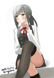 Rule 34 | 10s, 1girl, black socks, blouse, blush, bow, crossed legs, dress, hand on own cheek, hand on own face, highres, kantai collection, kasumi (kancolle), kasumi kai ni (kancolle), kneehighs, long hair, long sleeves, looking away, looking up, negahami, one-hour drawing challenge, pinafore dress, red bow, shirt, single kneehigh, single sock, sleeveless dress, socks, solo, thighhighs, white shirt