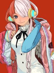 Rule 34 | 1girl, bad id, bad twitter id, blue eyes, hair over one eye, highres, jacket, long sleeves, multicolored hair, one piece, one piece film: red, oversized clothes, red background, red hair, ribbon, simple background, smile, solo, two-tone hair, urasanmyaku, uta (one piece), white hair