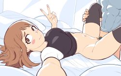 Rule 34 | 1boy, 1girl, abs, bed, blush, blush stickers, boku no hero academia, bottomless, breasts, brown eyes, brown hair, colored pubic hair, dutch angle, female pubic hair, green pubic hair, happy sex, hetero, highres, indoors, looking at viewer, lying, male pubic hair, medium breasts, midoriya izuku, missionary, navel, on back, open mouth, penis, pubic hair, pussy, selfie, sex, shirt, short hair, short sleeves, small breasts, smile, solo focus, spread legs, suoiresnu, thigh grab, thighhighs, uncensored, uraraka ochako, v, vaginal