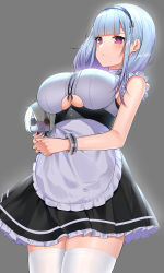 Rule 34 | 1girl, absurdres, apron, azur lane, bad id, bad pixiv id, bare shoulders, blunt bangs, blush, breasts, dido (azur lane), doll, earrings, frills, grey background, highres, jewelry, large breasts, long hair, purple eyes, silver hair, simple background, solo, suzuharu toufu, thighhighs, underboob, white thighhighs