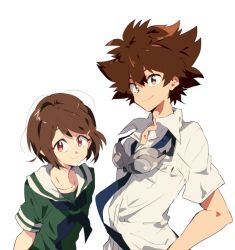 Rule 34 | 1boy, 1girl, brother and sister, brown eyes, brown hair, chokota, closed mouth, commentary request, digimon, digimon adventure tri., hair ornament, hairclip, looking at viewer, school uniform, short hair, siblings, simple background, skirt, smile, white background, yagami hikari, yagami taichi