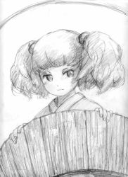 Rule 34 | 1girl, binayu, bucket, female focus, greyscale, in bucket, in container, kisume, monochrome, short hair, sketch, solo, touhou, white background