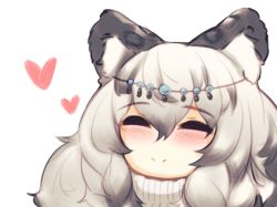 Rule 34 | 1girl, animal ears, arknights, blush, closed eyes, commentary, english commentary, grey hair, hair between eyes, heart, highres, hinahaii, leopard ears, long hair, portrait, pramanix (arknights), simple background, smile, solo, split mouth, sweater, tiara, turtleneck, turtleneck sweater, white background, white sweater